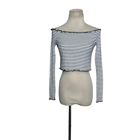 H&M white black stripes long sleeves crop knit top size Small - Picture 11 of 11